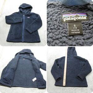 Patagonia Jacket Youth Small Blue Pockets Fuzzy Fleece Hooded Full Zip Outdoor